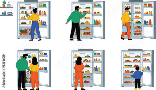 Flat Vector Set of People Choosing Food from Open Refrigerator Full of Fresh Groceries at Home Kitchen
