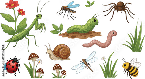 Garden Insects and Small Creatures Vector Set with Praying Mantis, Snail, Bee, Spider, Worm and Caterpillar