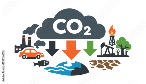 Carbon dioxide cloud showing CO2 pollution from industrial factories, cars, oil and gas, leading to global warming and environmental damage