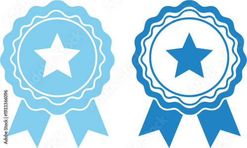 Blue Award Ribbon Badge Vector Set with Star Emblem Seal and Certificate Medal Design