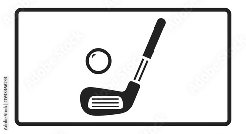 Black and white illustration of a golf club and ball on a white background