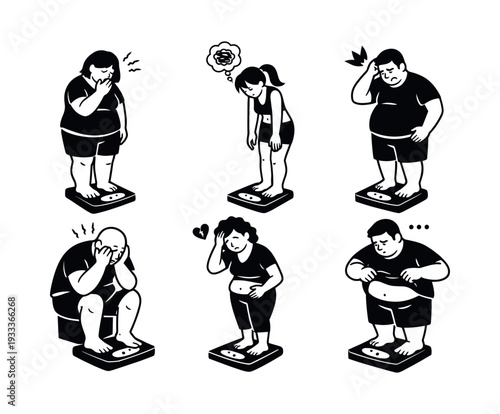 Group of individuals on weighing scales, expressing frustration and dissatisfaction with their weight and struggles with managing it