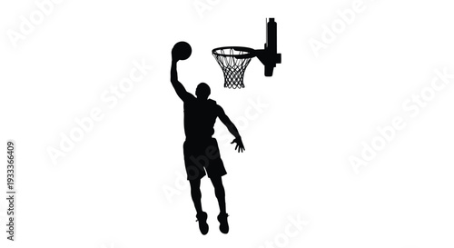 Silhouette of a basketball player in mid air about to dunk the ball