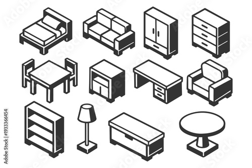 Isometric black and white furniture icons set with bed, sofa, wardrobe, table, desk.
