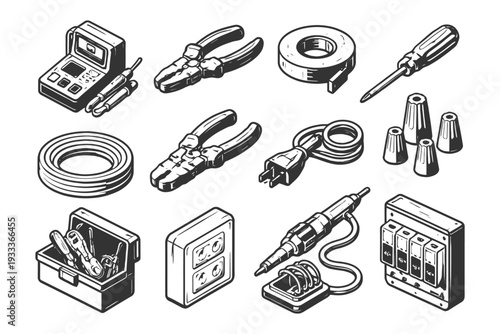 Set of electrical tools and components for wiring and repairs.