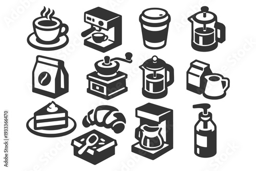 Coffee essentials: cups, machines, grinders, bakery items in black and white icons.