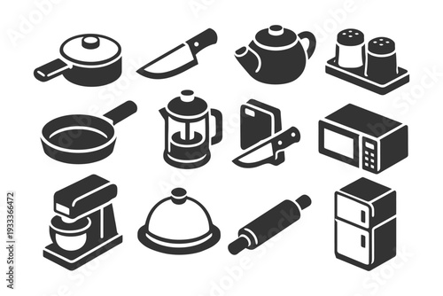 Essential kitchen tools collection: cookware, appliances, and utensils icons.