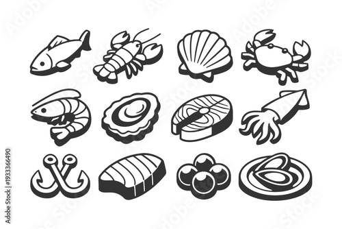 Monochrome seafood icons: fish, lobster, shellfish, crab, squid, hooks, sushi, oysters.