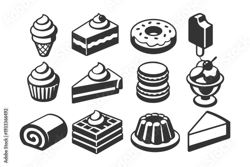 Assorted dessert icons: ice cream, cake, donut, cupcake, sundae.