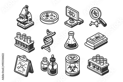 Science equipment icons: microscope dna test tubes lab tools chemistry.