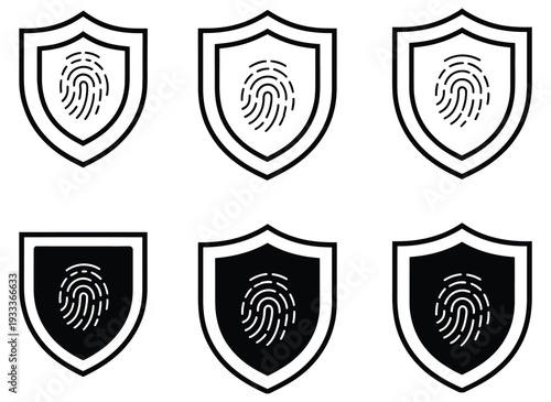 Data, security icon set featuring fingerprint, padlock, shield, protection symbols, safety lock marks, cybersecurity logotypes, secure authentication concept, clean modern flat vector design 