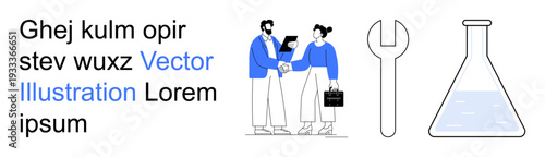 Business partnerships, technology services, science research, teamwork, innovation, industry solutions. Professionals shaking hands, wrench lab flask. Business partnerships and technology concepts