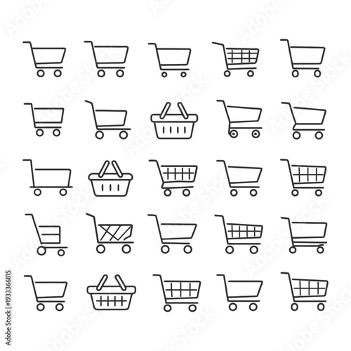 Collection of shopping cart and basket icons in grid layout.
