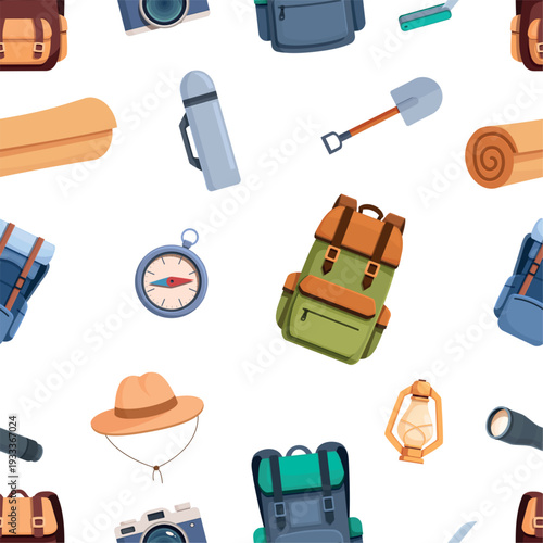 Camping tools seamless pattern. Backpacks, lantern, compass, hat and touristic mat. Nature adventures print for textile, wallpaper, vector background
