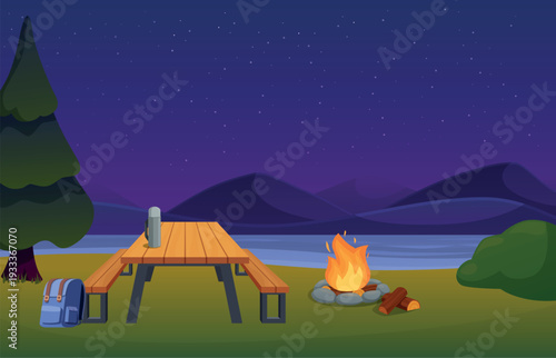 Overnight stop along way. Picnic area, natural rest area with campfire, wooden table and benches. Tourism, travel adventures, outdoor resting vector scene