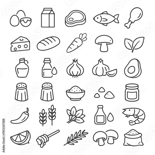 Assorted food icons: vegetables, dairy, meat, seafood, and spices.