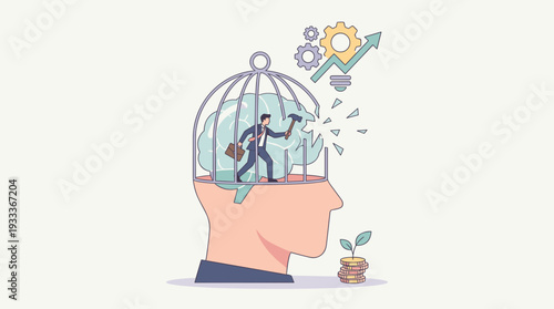 Businessman breaking out of a cage on a human head to achieve growth mindset. Concept of overcoming mental barriers, personal development, innovation, and business success in flat vector style.