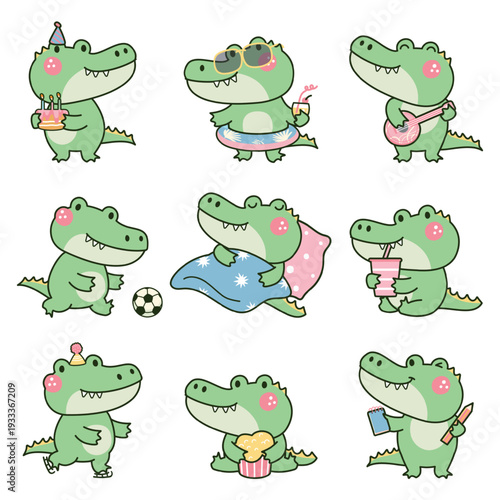 Kawaii crocodile. Cute crocodiles various poses. Wild animal play ball, music, sleeping, stand with birthday cake. Children mascots, funny stickers nowaday vector design