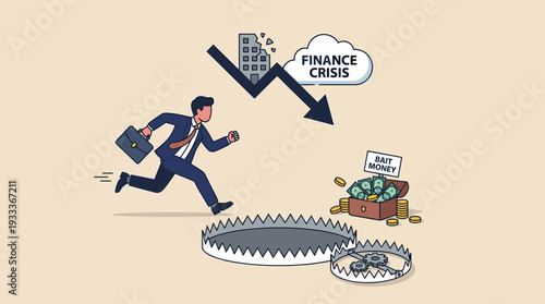 Businessman Running to Find Bait Money with Pit Hole Business Trap and Finance Crisis Concept. Illustration of Economic Recession, Financial Risk, and Desperate Investment During Market Crash.