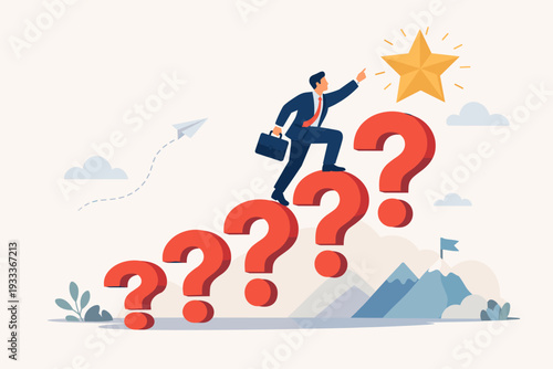 Businessman climbing a staircase of red question marks to reach a shining gold star. Concept of solving problems, overcoming uncertainty, and achieving career goals and success in business.