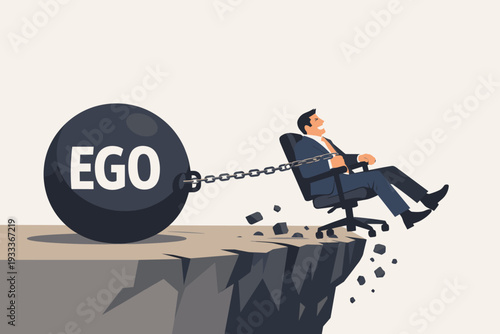 Businessman in an Office Chair Being Pulled into an Abyss by a Heavy Iron Ball Labeled Ego, Conceptual Illustration of Arrogance, Pride, and Professional Downfall Caused by Overconfidence.