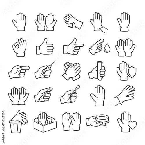 Outline icons of hand gestures and hygiene practices.