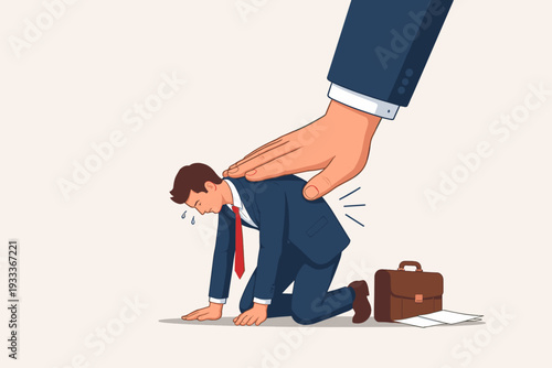Exhausted Businessman Kneeling Under Pressure of a Giant Hand, Concept for Workplace Stress, Burnout, Corporate Oppression, Mental Health Issues, Overworked Employee, and Professional Exhaustion.