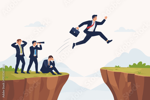 Successful businessman jumping over a cliff gap to a new area while other discouraged business men watch, concept of leadership, risk taking, career growth, ambition, and overcoming obstacles.