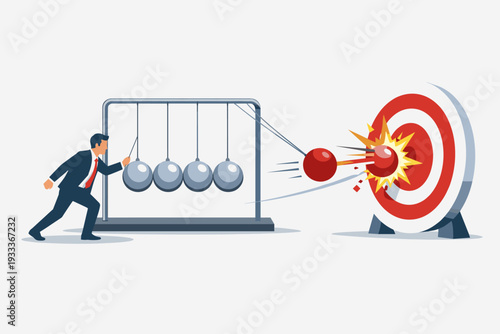 Businessman Using Newton's Cradle to Hit a Target Bullseye, Concept of Making an Impact to Achieve Success, Strategic Momentum, Business Goals, Cause and Effect, Professional Achievement Vector