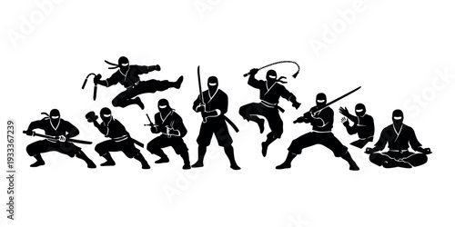 Set of ninjas in different fighting stances, jumping, holding weapons like katana, nunchaku, kusarigama, and meditating