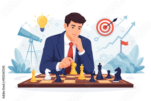 Businessman in a Suit Playing Chess for Strategic Planning, Thinking of Tactics for Long-Term Success, Business Vision with Lightbulb Idea, Target Goal, Growth Graph, and Leadership Achievement.