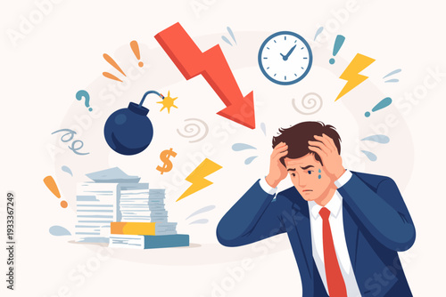 Stressed Businessman Overwhelmed by Heavy Workload and Financial Pressure Vector Illustration. Man in Suit Panicking with Symbols of Deadlines, Debt, and Career Crisis. Mental Health Concept.
