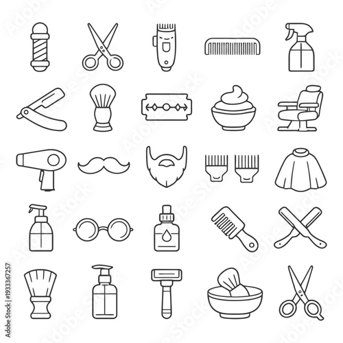Barber tools outline collection: scissors, razor, comb, clippers, brush.