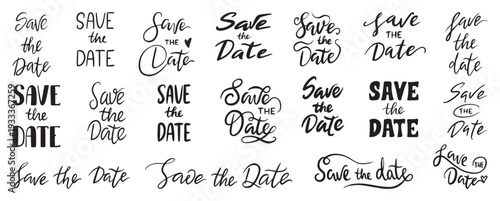 Save the date lettering set. Wedding invitation decorative inscriptions. Handwritten ink text, isolated creative personal inscriptions, neoteric vector kit