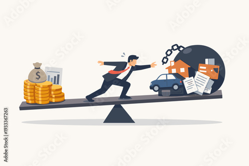 Businessman Struggling with Financial Imbalance on Seesaw with Heavy Debt Burden of House Car and Credit Cards Weighing More Than Income and Savings Illustration for Finance and Loan Concept