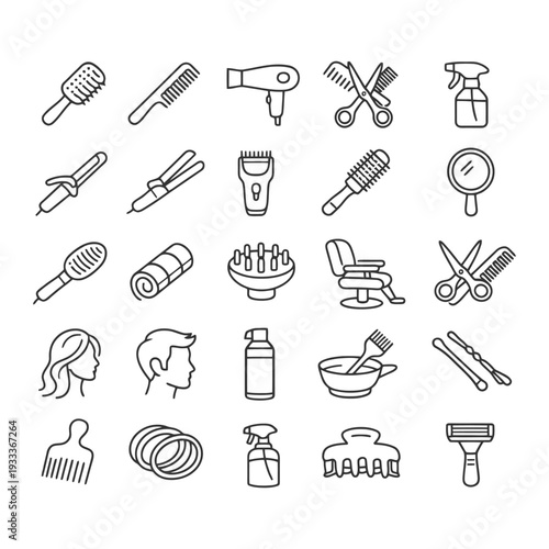 Barber and hairdressing tools icon set with comb and scissors.