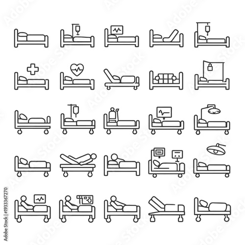 Medical icons set: hospital beds, equipment, patient care symbols.