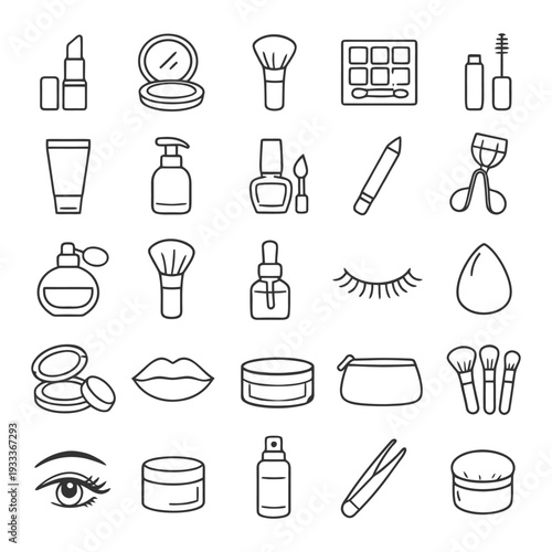 Outline of makeup and skincare icons in simple black and white design.
