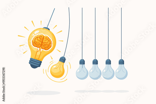 Creative inspiration concept with a light bulb containing a brain icon, acting as a metaphor for a good idea, innovative solution, and smart thinking in a Newton's cradle chain reaction style.