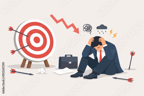 Frustrated Businessman Sitting in Despair After Missing All Targets with Downward Financial Arrow and Missed Arrows Around Bullseye Representing Business Failure, Error, and Professional Mistake