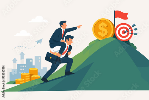 Business Teamwork Concept with Businessman Carrying Partner Up Hill to Reach Financial Goal, Dollar Coin, and Target. Leadership, Ambition, and Success in Corporate Career Growth Vector.