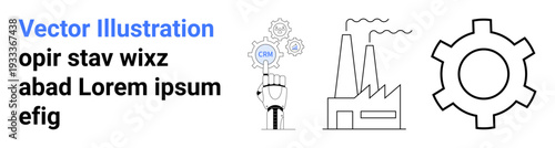 Factory with chimneys, gear, hand holding cogwheel showcases technology, production, automation, industry. Ideal for innovation, manufacturing, engineering digital transformation teamwork