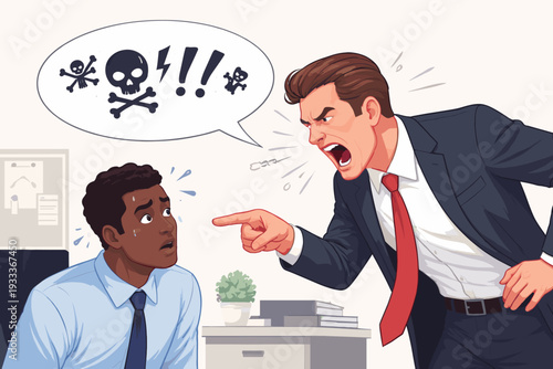 Angry businessman in suit screaming at scared African American office worker. Concept of workplace bullying, racial discrimination, hate speech, and toxic management with speech bubble.