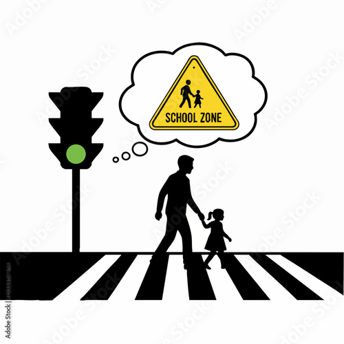Adult and Child Crossing Street, School Zone Safety Thought