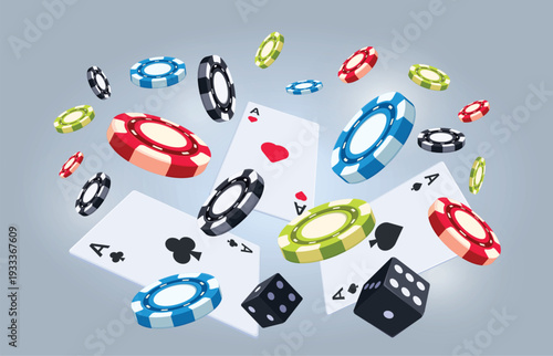 Casino games. Flying playing chips, dices and cards. Gambling, online app for smartphones concept. Poker, roulette games, winner and lucky, sapid vector template