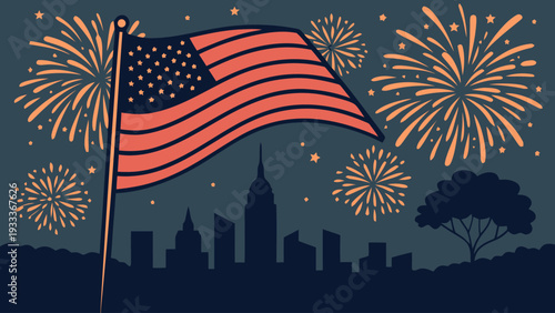 Vibrant american flag waves proudly against a dark night sky illuminated by a dazzling display of orange and yellow fireworks exploding above a silhouetted city skyline