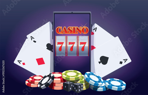 Online casino concept. Digital gambling app for smartphone, slot machine, roulette, lucky wheel. Playing chips and cards, sapid vector scene