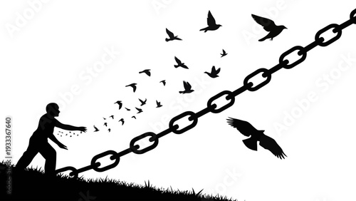 Silhouette of a person breaking free from a heavy chain transforming into a flock of birds soaring into a bright clear sky symbolizing liberation and new beginnings