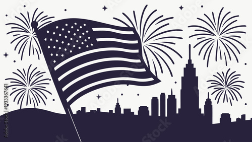 Vibrant american flag waves proudly against a dark night skyline silhouette with exploding fireworks and starry sky celebrating national holidays and independence day