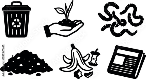 Flat design composting icon set showing hand planting seedling worms banana peel newspaper bin and compost pile in black silhouette